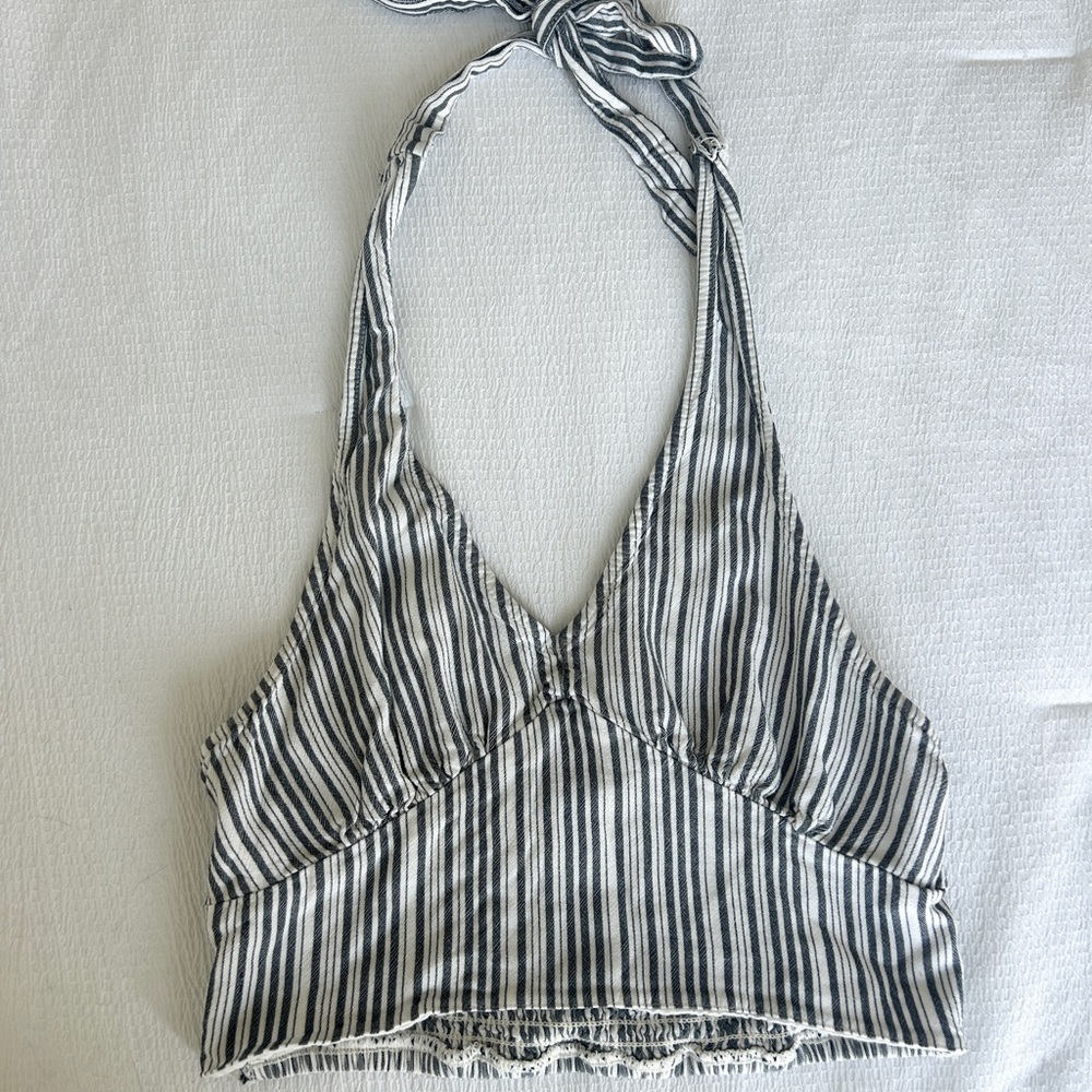 American Eagle Outfitters Navy Blue and White Sleeveless Crop Tank Top
